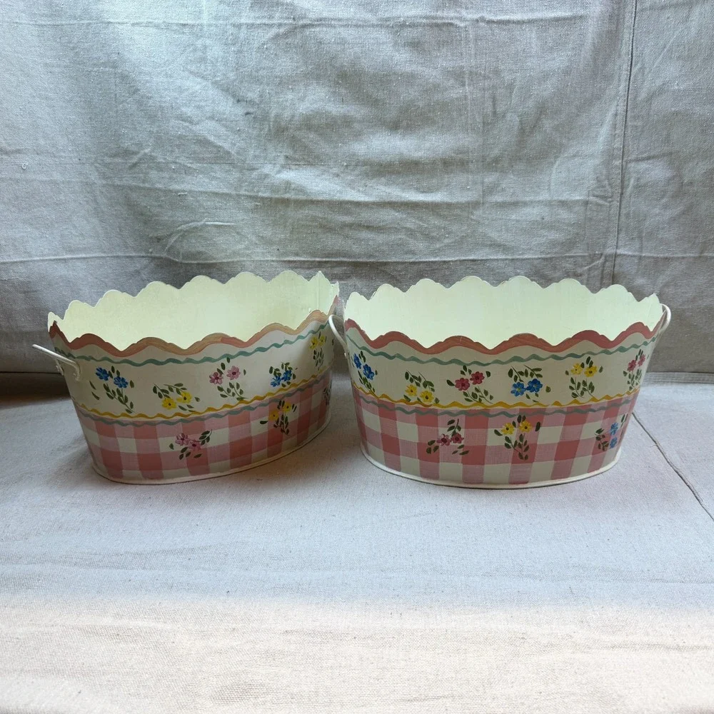 Planter Hand Painted Tin Set of 2 Unused Originally $100